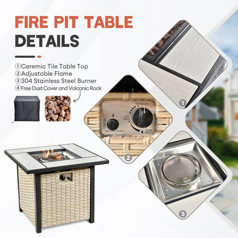 HOOOWOOO 5-piece Outdoor Patio Furniture Rattan Chat Set with Fire Pit Table