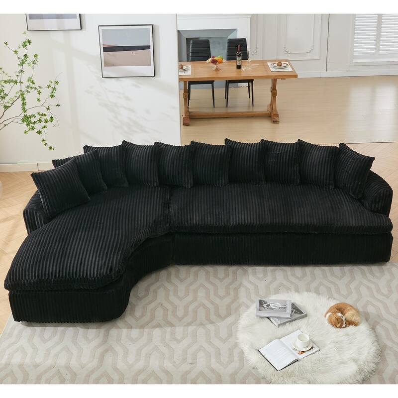 127" Large L-Shape Left Sectional Sofa, Black Soft Corduroy Fabric