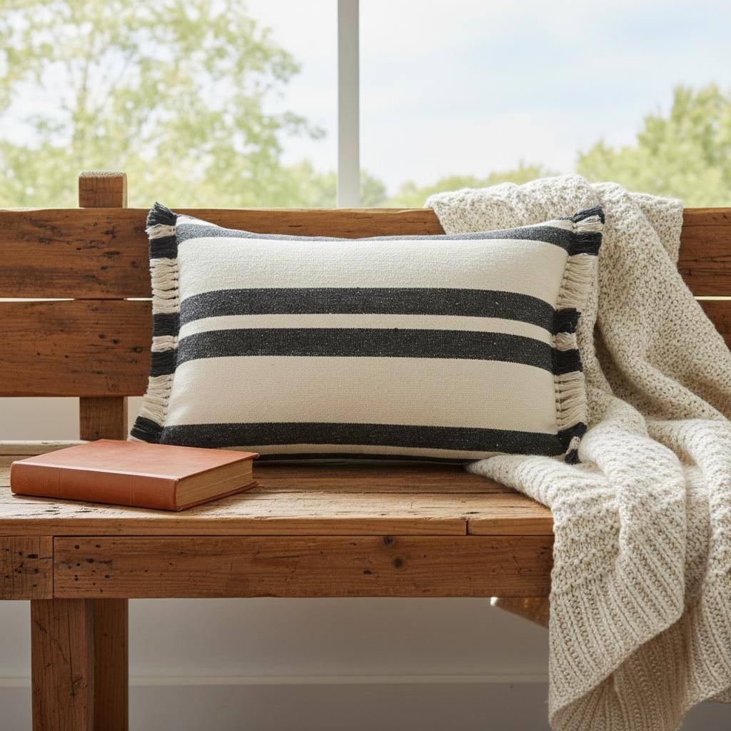 16" X 24" Gray And White 100% Cotton Striped Zippered Pillow