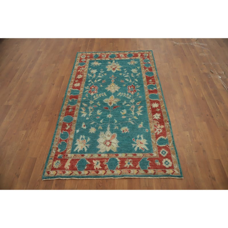 Hand Knotted Oriental 100% Wool Carpet Transitional All-Over Green Oushak Area Rug - 5' 5'' X 3' 2''