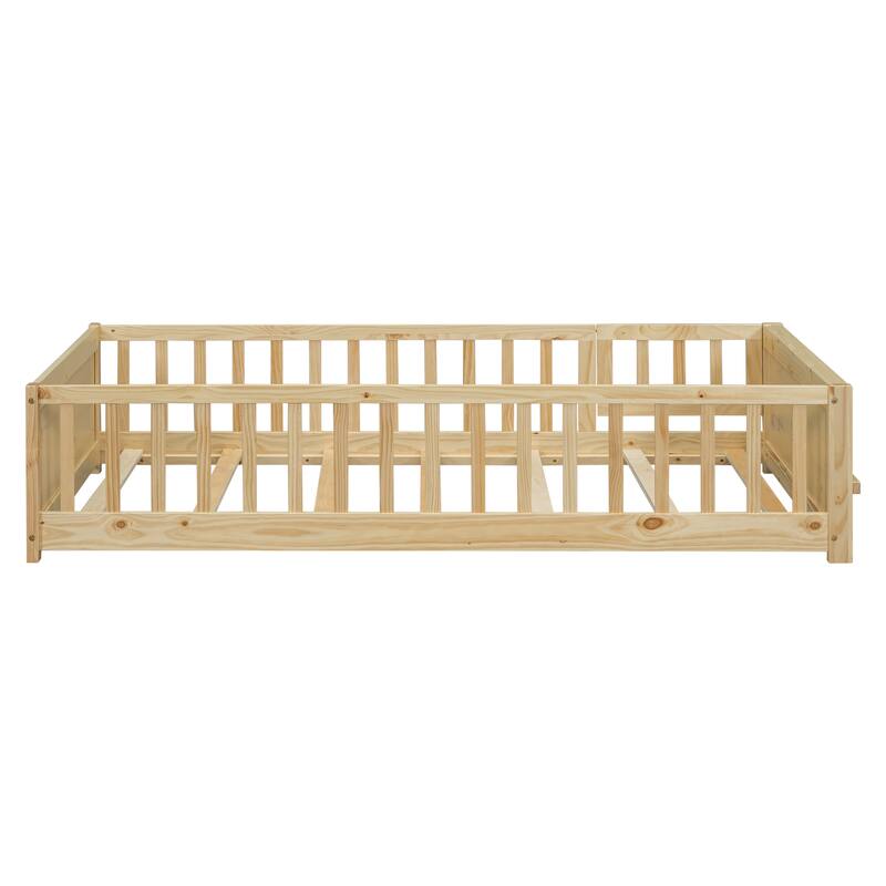 Twin Size Floor Bed Frame for Kids Bed with Fence Guardrails Endbed Storage Splint Platform Bed - Available with or without Door