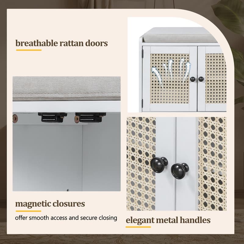 Rustic 47.4" Storage Bench Multifunctional Wooden Entryway Organizer with Removable Cushion and Rattan Doors