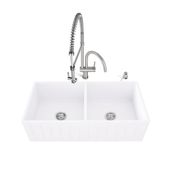 Vigo VG15466 33" Double Basin Farmhouse Kitchen Sink with High-Arch Pre-Rinse Faucet, Soap Dispenser, Cutting Board, and Basket