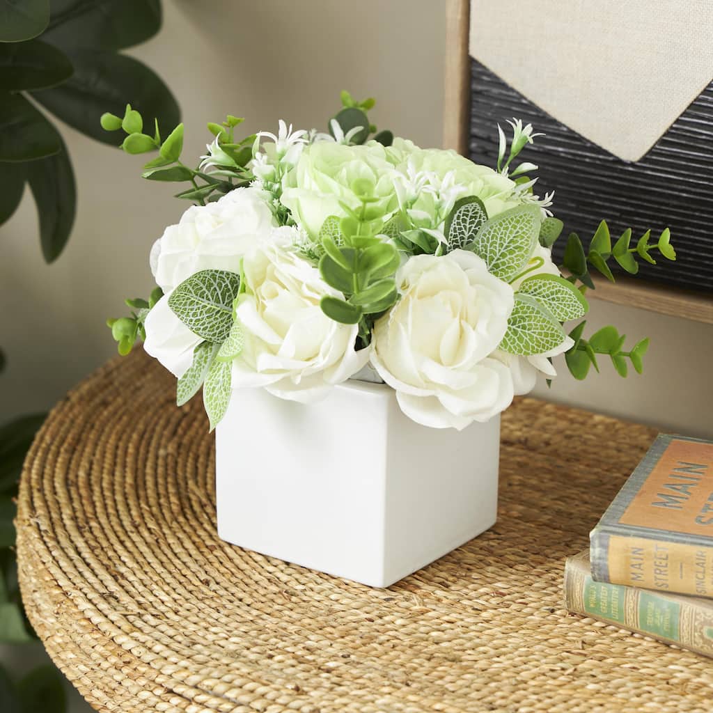 White Fabric Artificial Flower with Green Leaves and Square Ceramic Vase