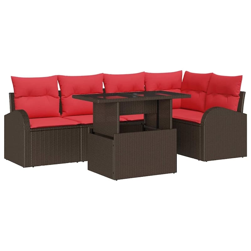 vidaXL 6 Garden Sofa Set with Cushions Black/Brown/Grey Poly Rattan - 92.1 x 48.8 x 27.2
