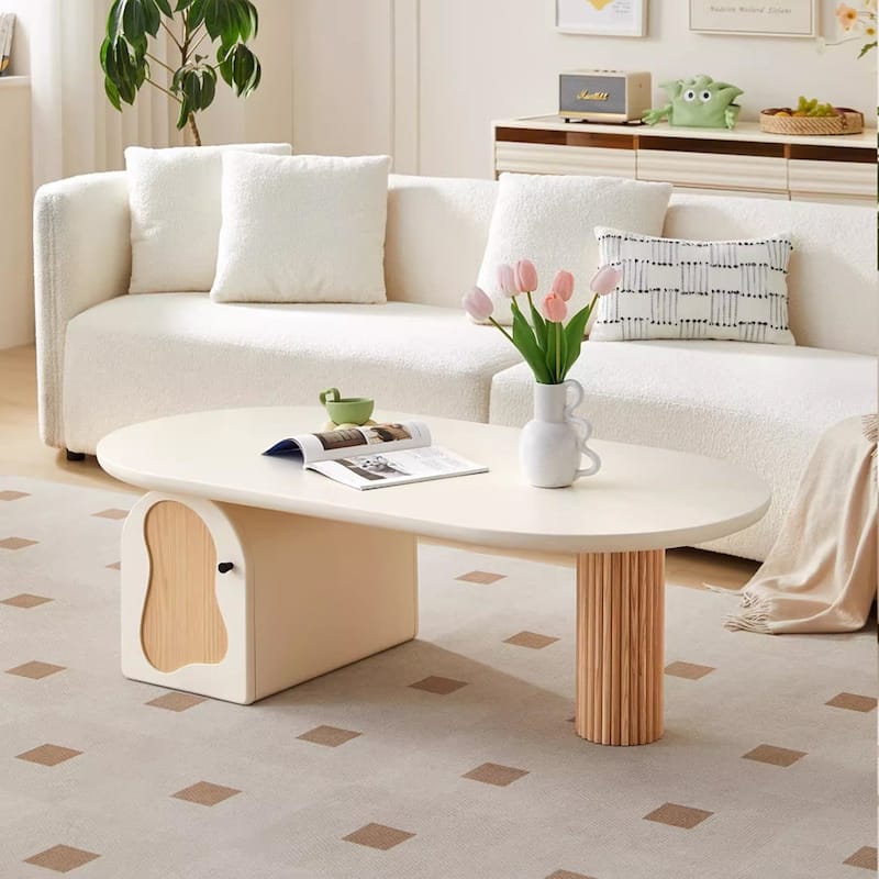 Contemporary White Oval Coffee Table with Wooden Accents