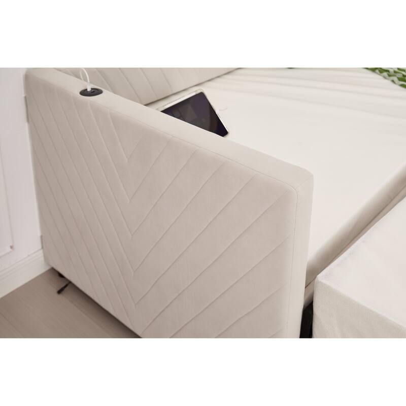 Twin Size Velvet Daybed with Trundle, USB Charging Port & Side Pockets, Modern Upholstered Sofa Bed with V-Pattern Backrest