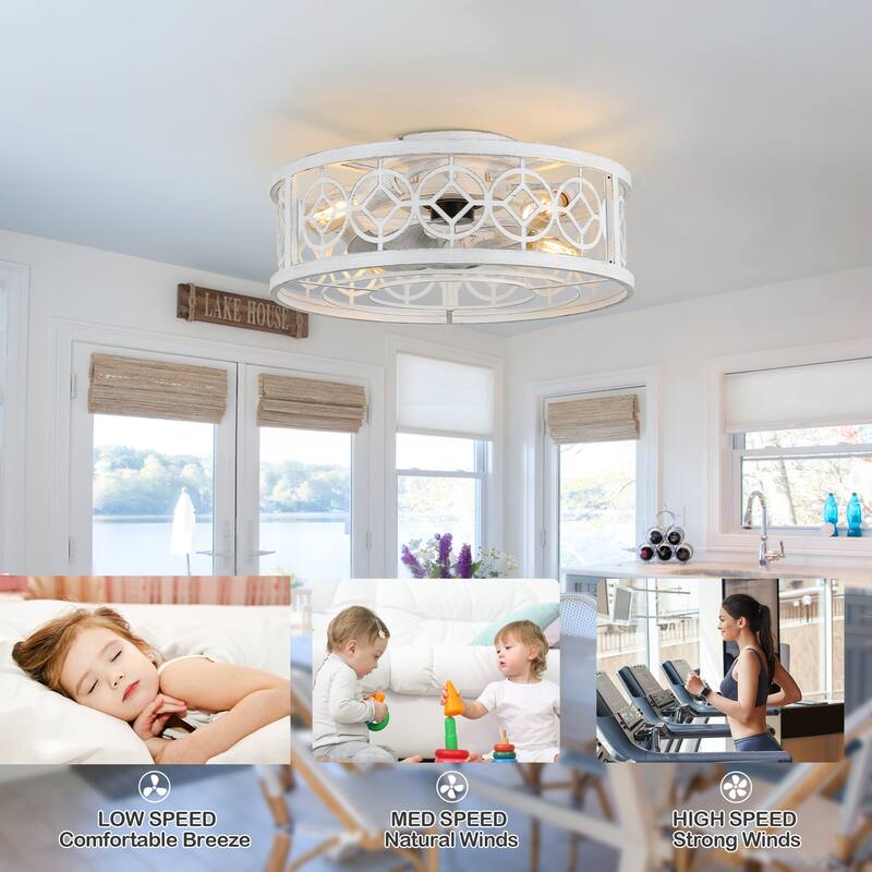 Chichoice 20" Farmhouse Distressed White Caged Ceiling Fan, Rustic Flush Mount Ceiling Fan with Remote for Bedroom - 19.5"*19.5"