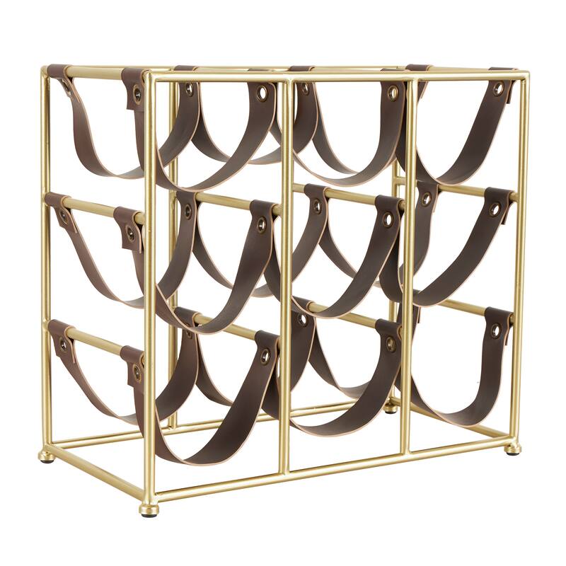 Gold Metal Wine Rack with Faux Leather Holding Straps