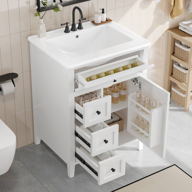 24" Bathroom Vanity With Sink, 3 Drawers & Cabinet With Adjustable Shelves, Modern Design - White