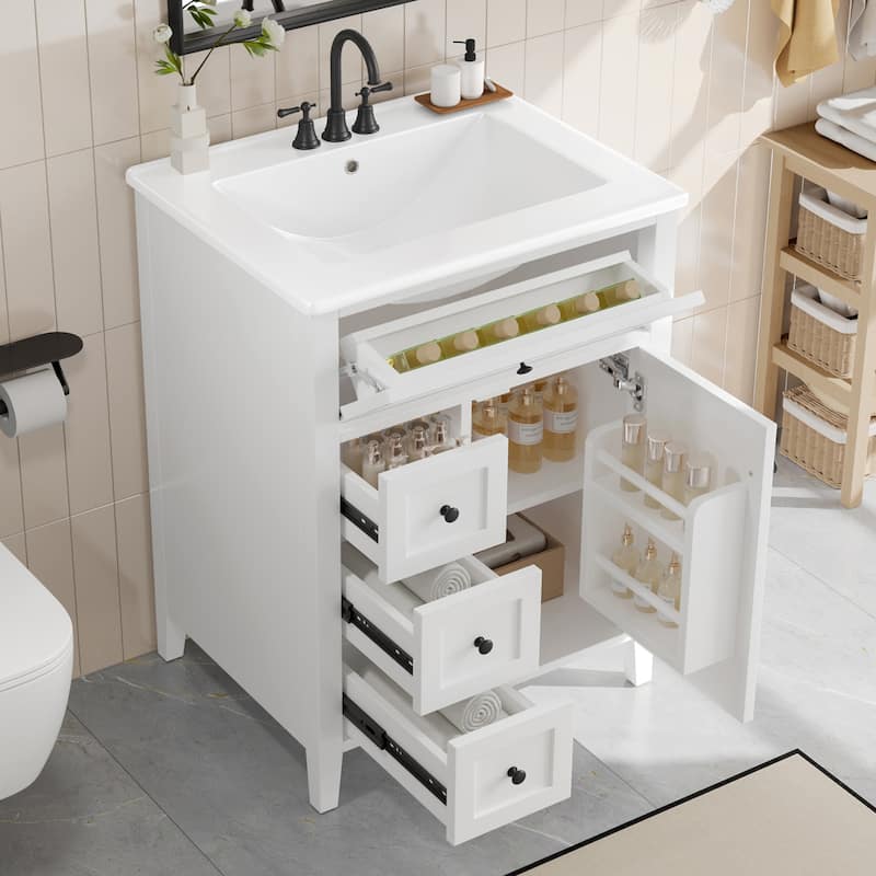 24" Bathroom Vanity with Sink Set Bathroom Storage Cabinet with 3 Drawers and Adjustable Shelves - White
