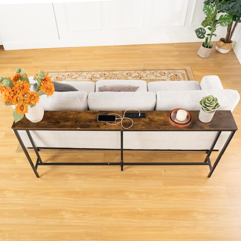 Homy Casa Console/Sofa Table with Outlets & USB Ports, Metal Frame