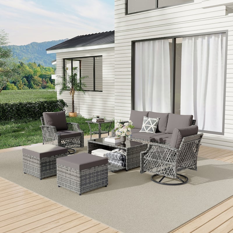Outdoor Wicker Patio Set w Swivel Chairs & Sofa, Ottomans and Tables, Modular 3/5/6/7-Piece, All-Weather Conversation Set.