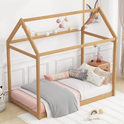 Twin Size House Bed, Wood Color Floor Bed Grounded Bed