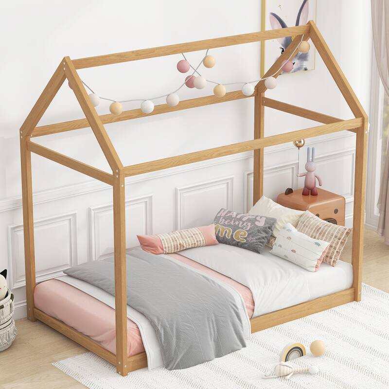 Twin Size Pine Wood Panel Bed with 400lb Capacity and Natural Wood Finish