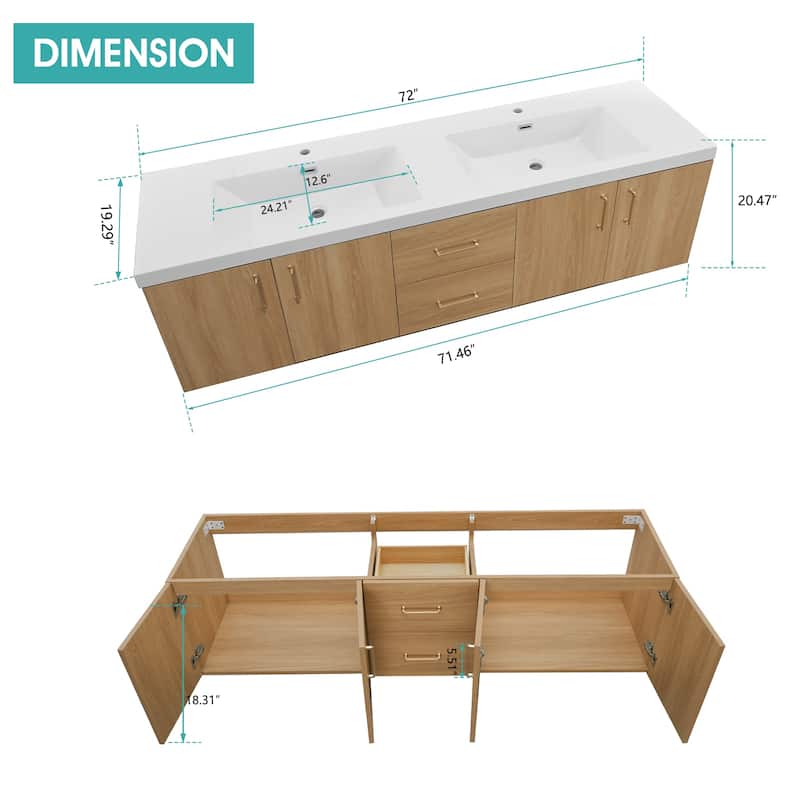 Prismella 60" 72" 84" Wall-Mount Double Sink Bathroom Vanity in Oak with Top
