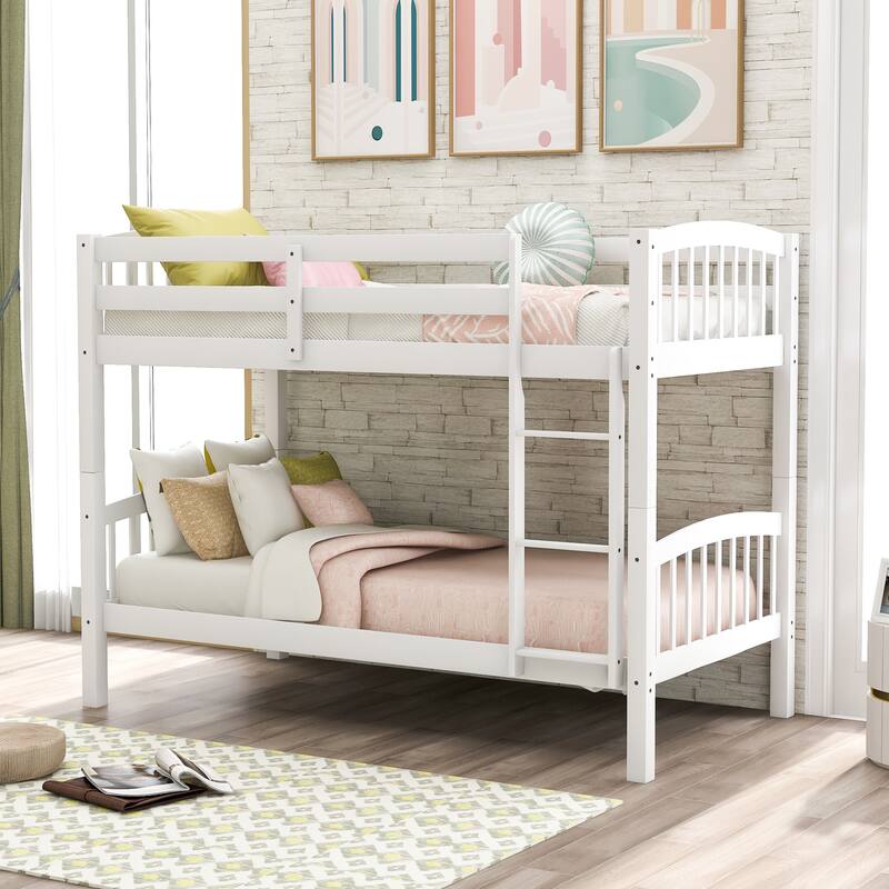 Twin Over Twin Bunk Bed with Ladder, White - Space-Saving Design for Compact Rooms - White