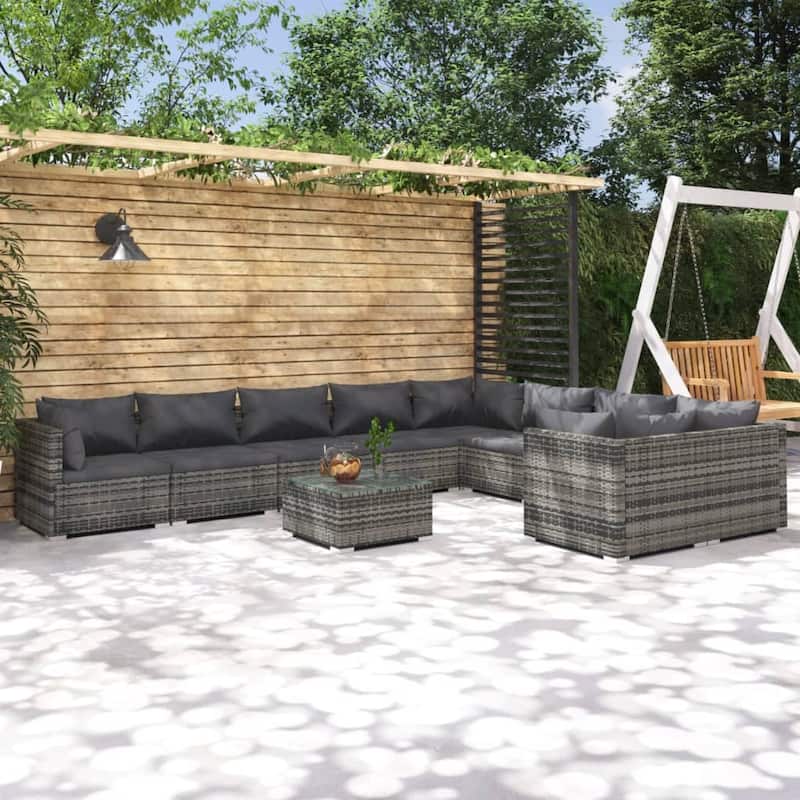 vidaXL Patio Lounge Set Outdoor Sectional Sofa Set Table Garden Poly Rattan - 27.6" x 27.6" x 23.8" - Grey 10 Piece