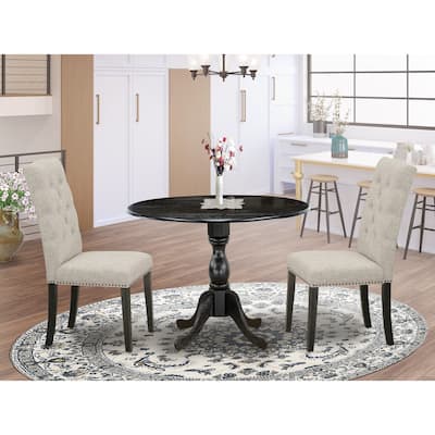 East West Furniture 3 Piece Dinette Set- a Round Dining Table and 2 Linen Fabric Parsons Dining Chairs, (Finish Options)