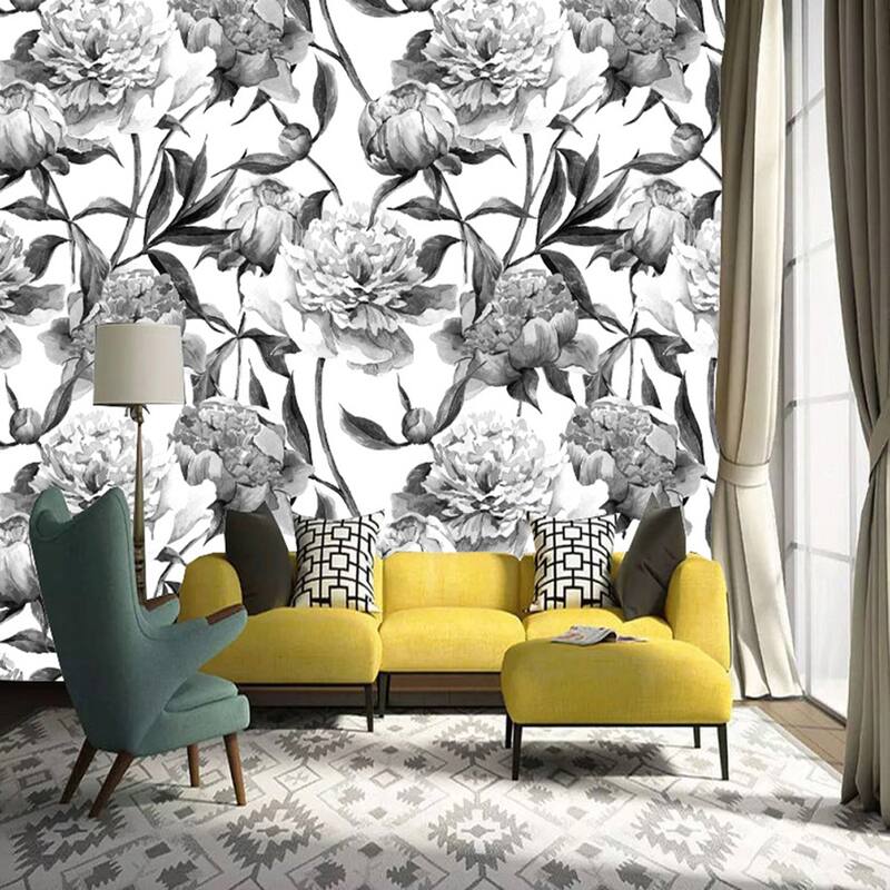 Hand Drawn Peonies Removable Wallpaper - 10'ft H x 24''inch W