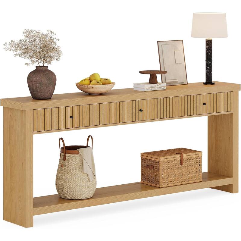 Extra Long Wood Console Table, Oak Sofa Entryway Table with 3 Drawers & Storage Shelves for Living Room, Hallway, Foyer