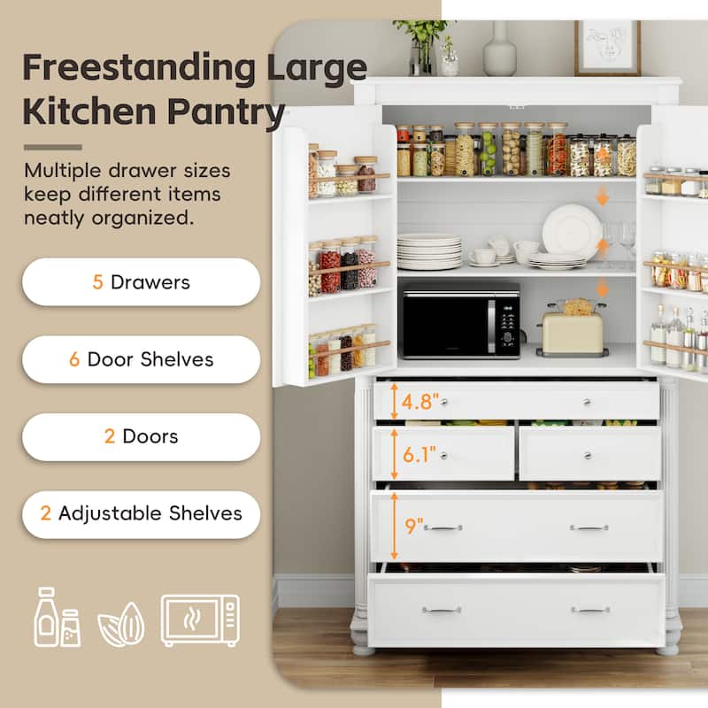 Tall Kitchen Pantry, 77.3"H - Large Storage Cabinet with 5 Drawers, 6 Door Shelves & 2 Adjustable Shelves, Freestanding