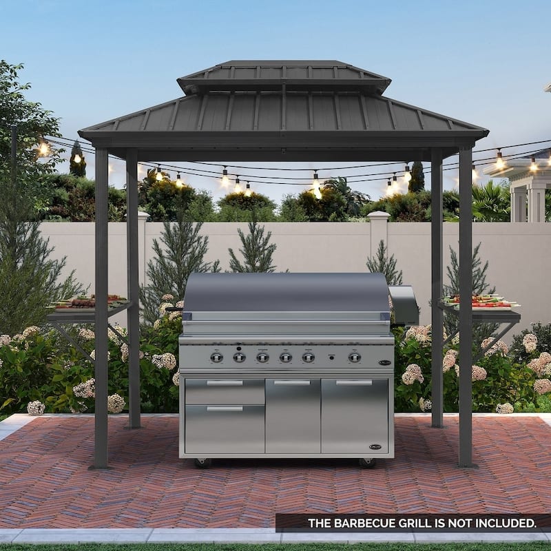 PURPLE LEAF 6ft x 8ft Hardtop Grill Gazebo Galvanized Steel Roof Outdoor BBQ Canopy with 2 Pcs Outdoor Counter Stools - Grey