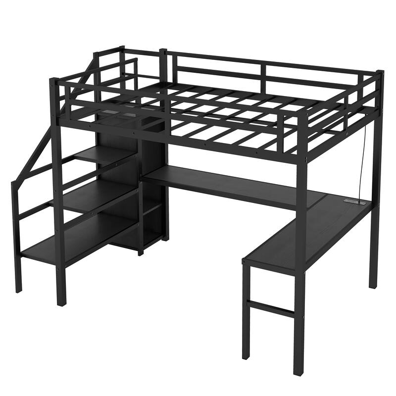 Twin XL Size Loft Bed with L-shaped Desk and USB, Metal Loft Bed with Wardrobe and Adjustable Shelf, Black