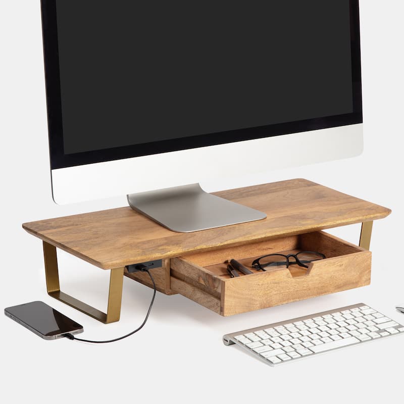 Jani Wood Monitor Stand Riser Desk - Ergonomic Design Stand, Desktop Organizer Table for Home, Office Workspace, Gaming Desk - Yellow