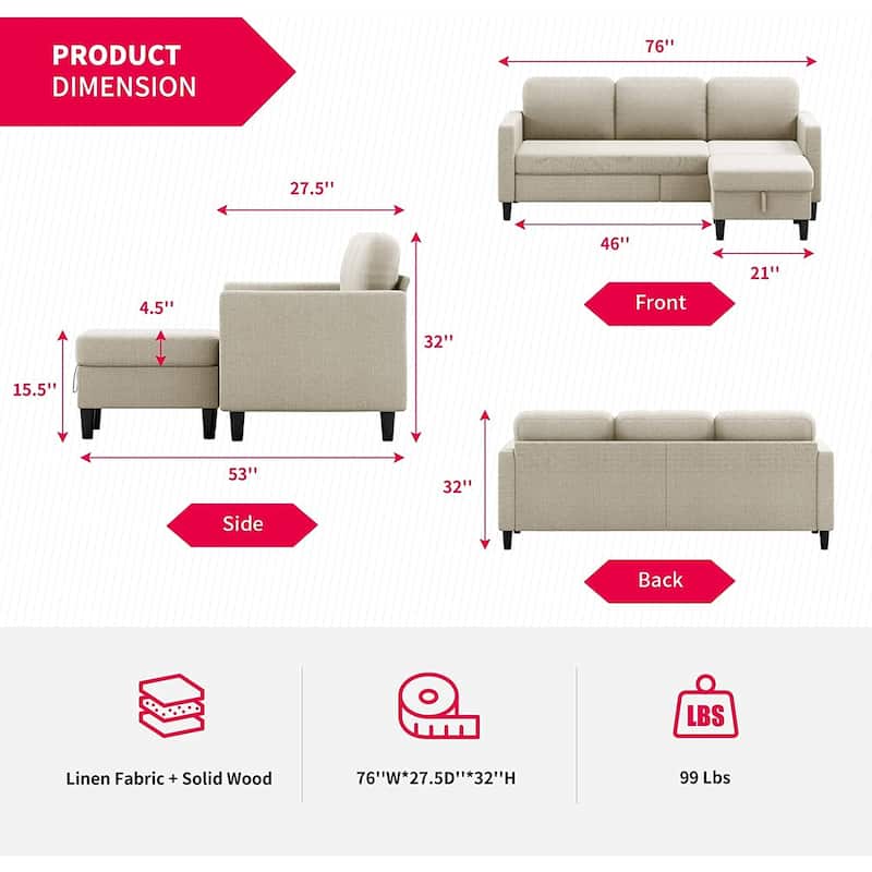 Mixoy 78"Sectional Sofa with Ottoman, Free Combination L Shaped Sofa Couch Set