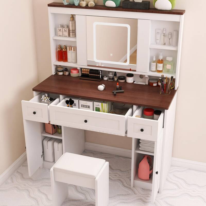 Makeup Table with Adjustable LED Lighting, Sliding Mirror, Charging Station, and Ample Storage Drawers, American Design
