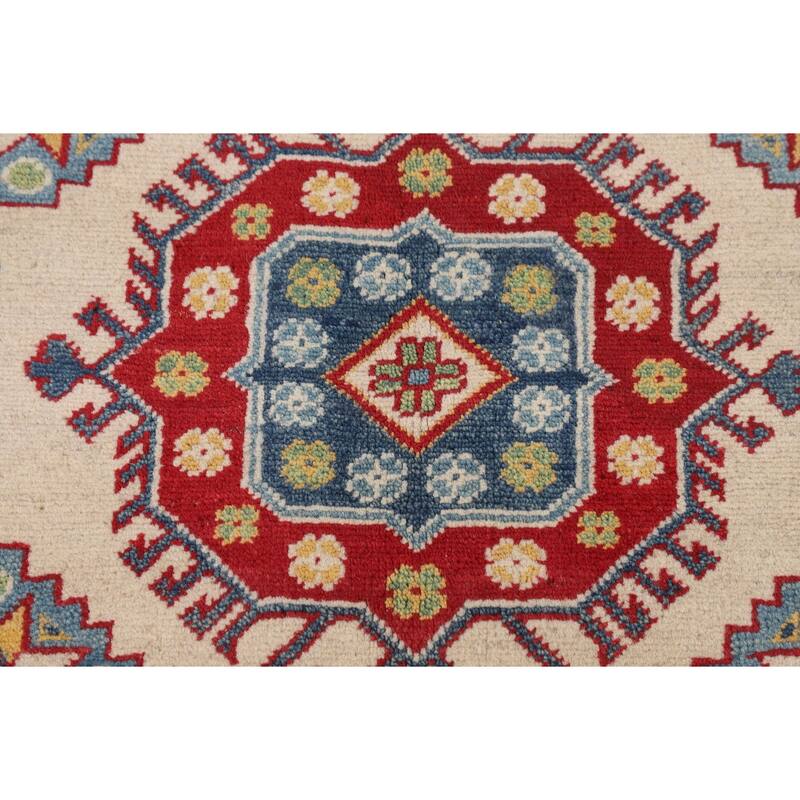 Geometric Ivory Kazak Oriental Area Rug Handmade Wool Carpet - 5'2" x 6'6"