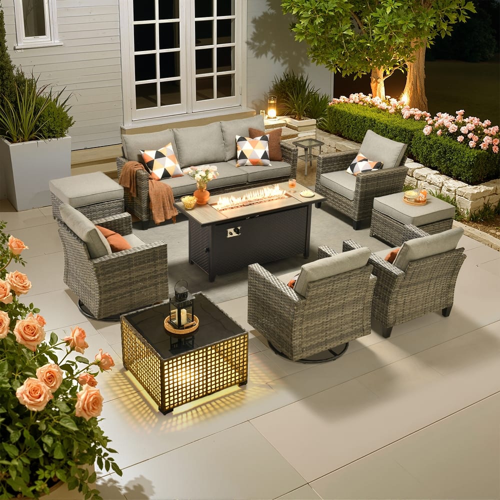 OVIOS 10 Pieces Outdoor Swivel Chair Set with Solar-Powered Table & 54" Fire Table