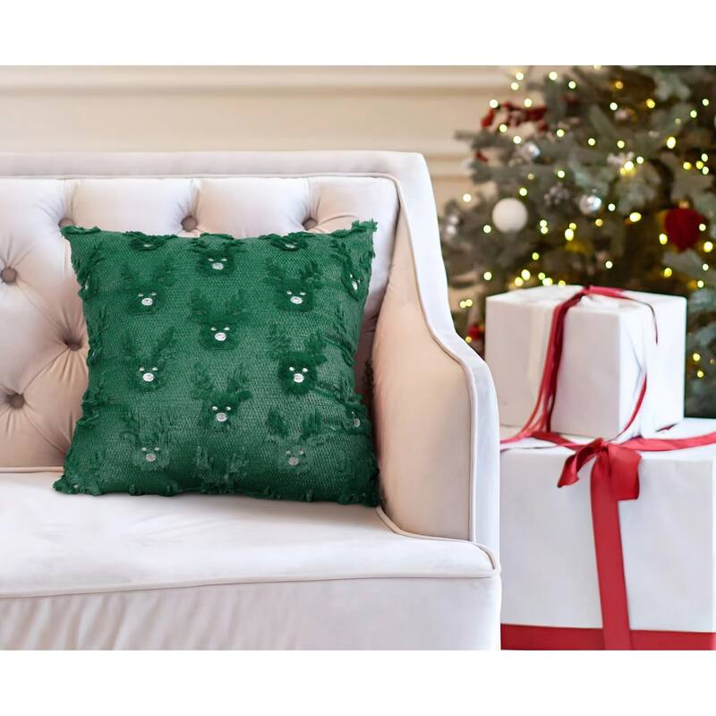 Reindeer Embroidered Christmas Pillow - Green