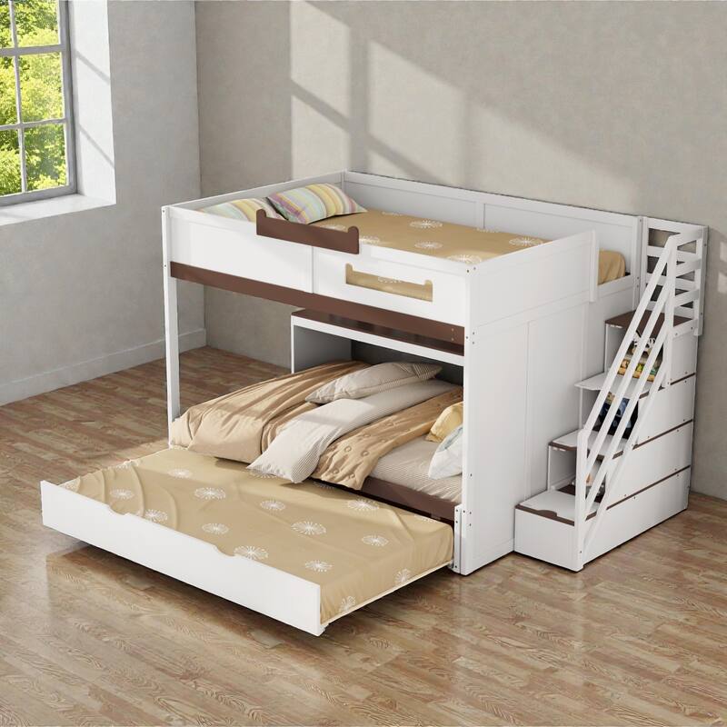 Full Over Full Bunk Bed with Twin Trundle, Staircase Storage Drawers, Shelves and LED Lighting, Kids Bunk Bed