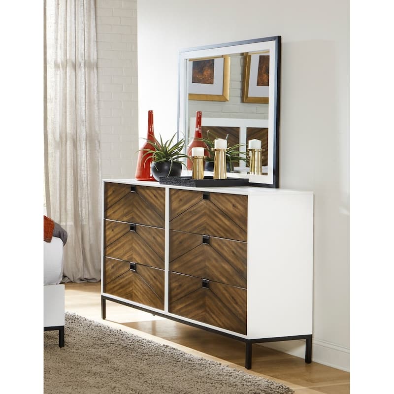 White and Walnut Finish 5pc Bedroom Set Bed Two Nightstands Dresser Mirror