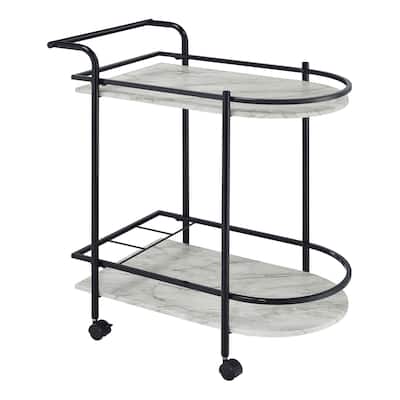 Rhea 32 Inch Bar Cart Trolley, U Shaped Tray, Faux Marble Shelves, Black