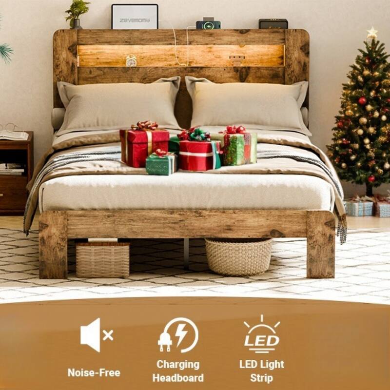 Wood Platform Bed Frame with Storage LED Light, King/Full/Queen Bed