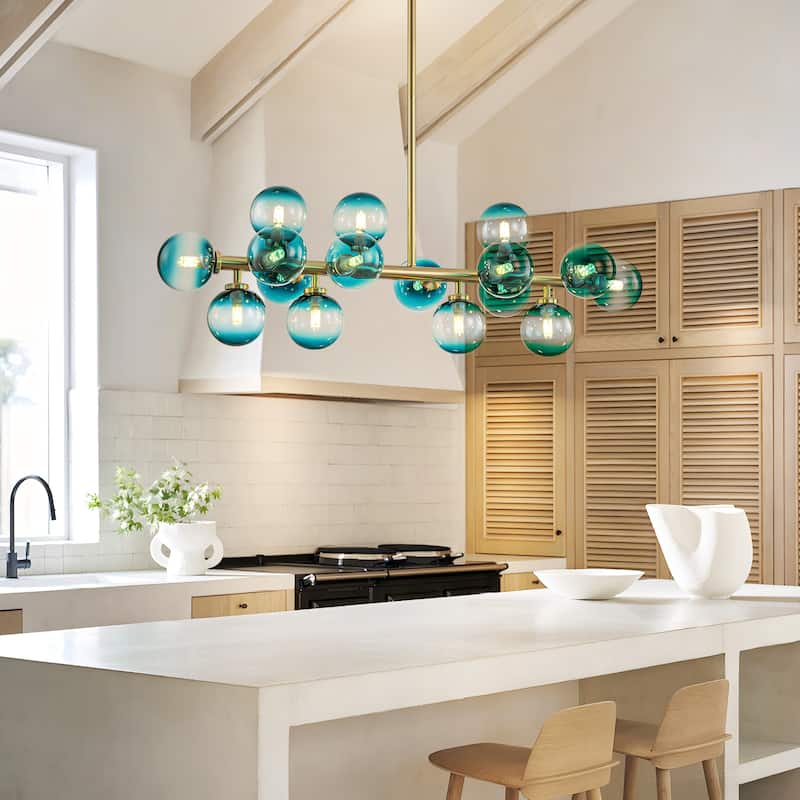 16-Light Modern Linear Cluster Gradient Blue Glass Globe Bubble Chandelier - 36.2 in. W x 11 in. H