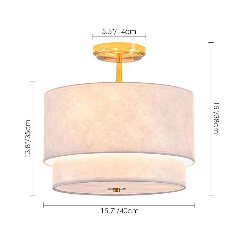 3-Light Double Layer Ceiling Light with Tyvek paper Lampshade - Modern Gold and White Fixture for Living Room