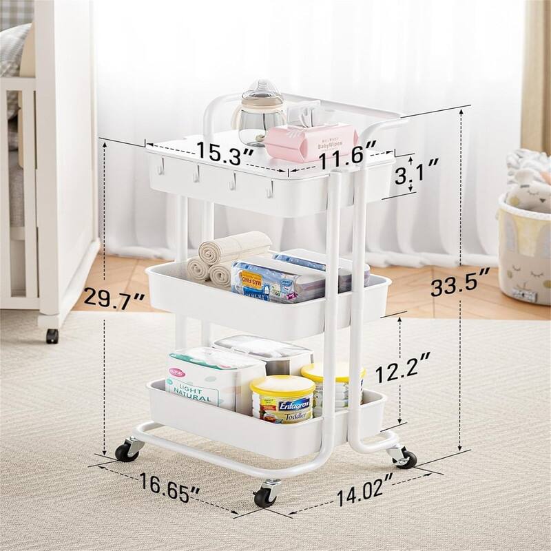 3 Tier Rolling Cart with Table Top Utility Cart with Wheels - 14.02"D x 16.65"W x 33.5"H