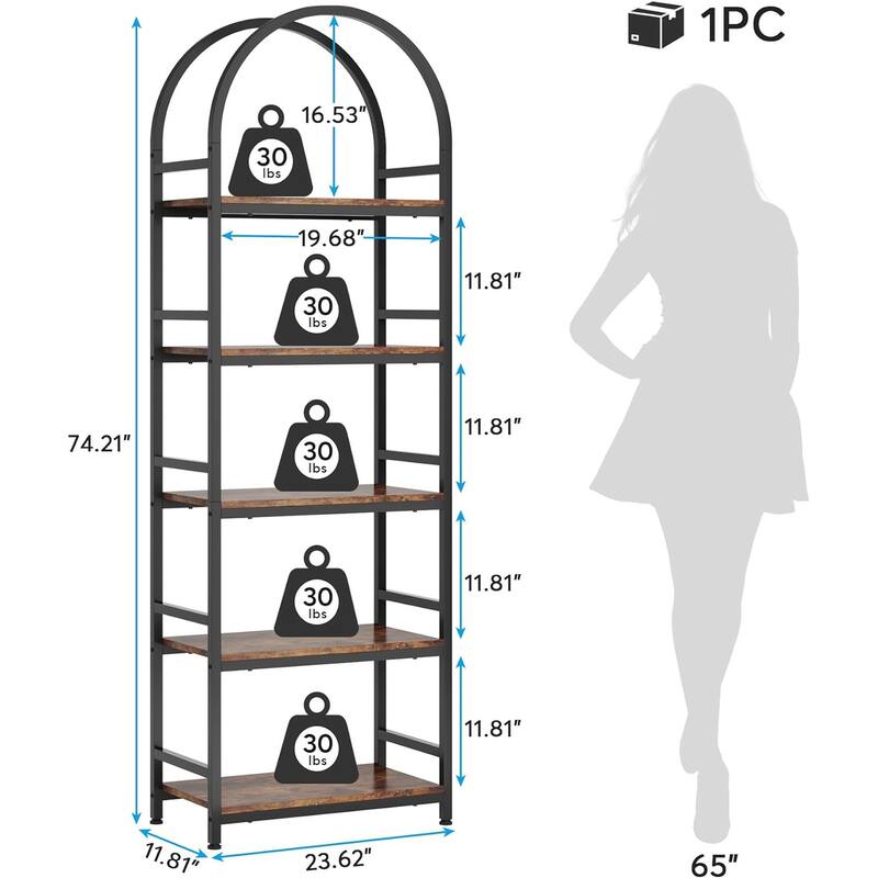 4-Tier Arched Bookshelf 70.8", Storage Shelves, Metal Frame