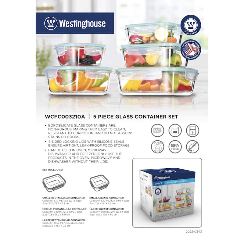 Westinghouse 5-Piece Glass Food Storage Container Set - 320 to 1050ml
