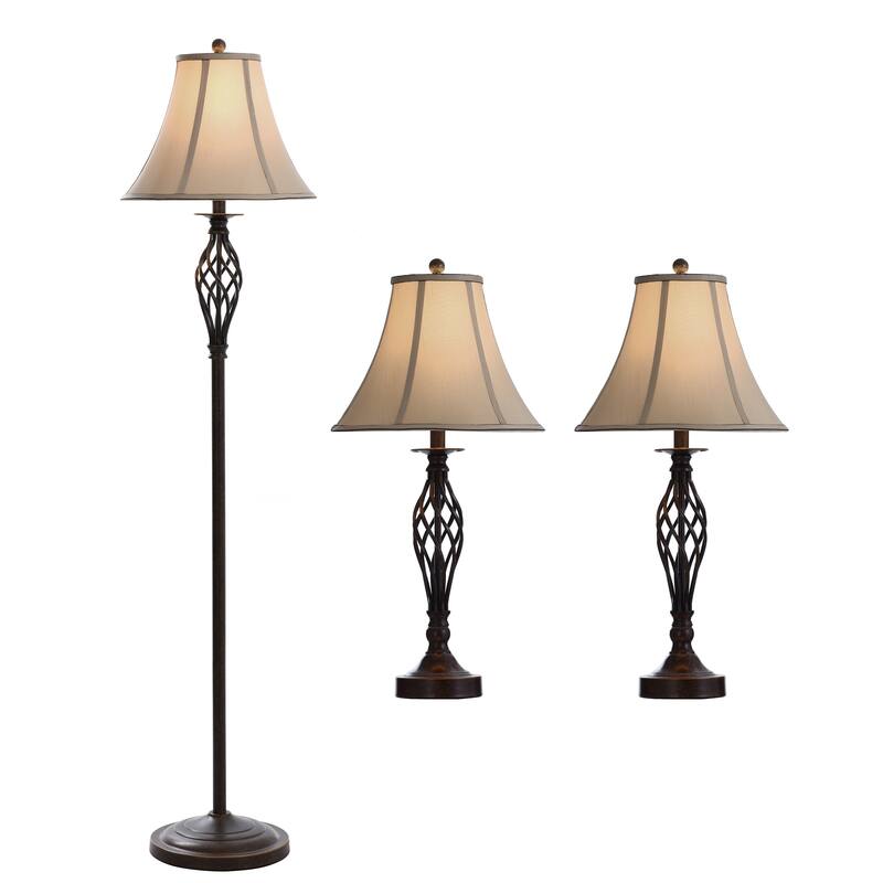 StyleCraft Barclay Brass Table and Floor Lamp Set - White Silk Shade (Set of 3)