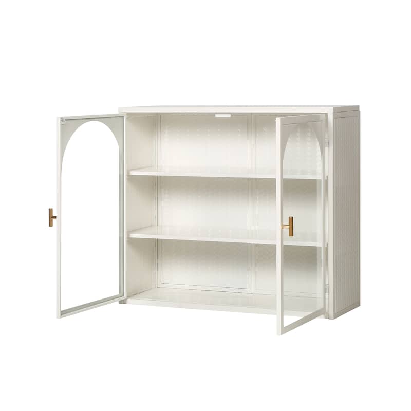Modern Glass Doors Wall Cabinet with Characteristic Woven Pattern & 3-tier Storage, Kitchen Sideboard White Storage Cabinet