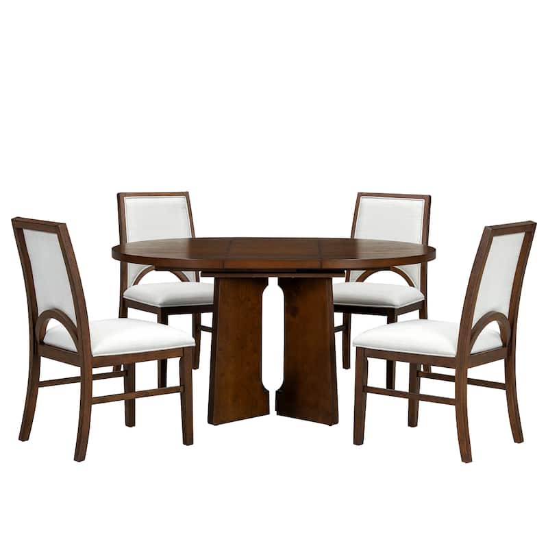 Round Dining Table Set for 4 with Extendable Top and Comfortable Upholstered Chairs for Family Meals