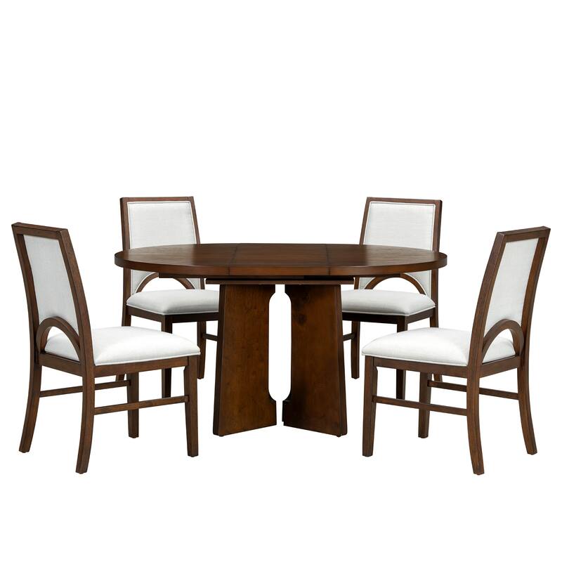Solid Wood Extendable Round Dining Table Set for 4, Kitchen Table with Removable Leaf & Upholstered Chairs