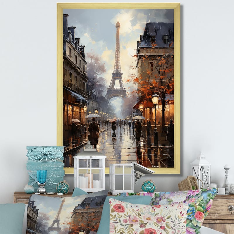 Designart "Eiffel Paris In 19 Century" City Paris Framed Canvas Prints - 30 in. wide x 40 in. high - Gold