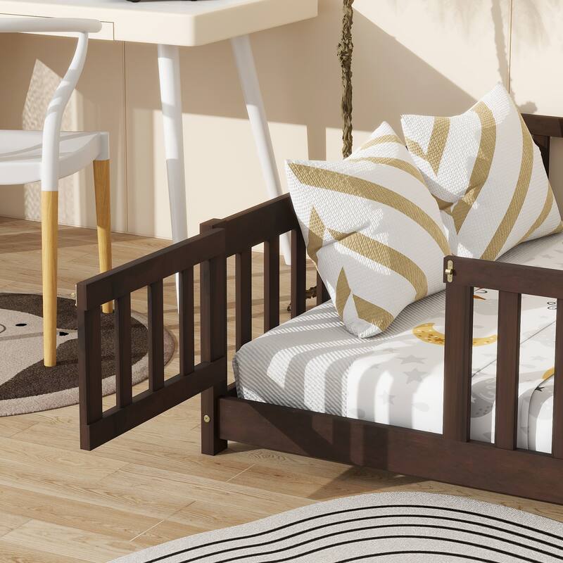 Roomfitters Twin/Full/Queen Rubber Wood Floor Bed with Fence and Swing Door, Safety Guardrails, Low Profile Design
