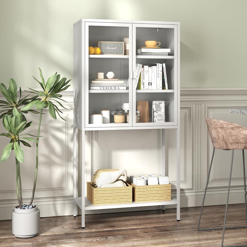 59"H Metal Storage Cabinet,Display Storage Cabinet with Glass Doors and 2 adjustable Shelves,Tall Bookcase Bookshelf Cabinet - White